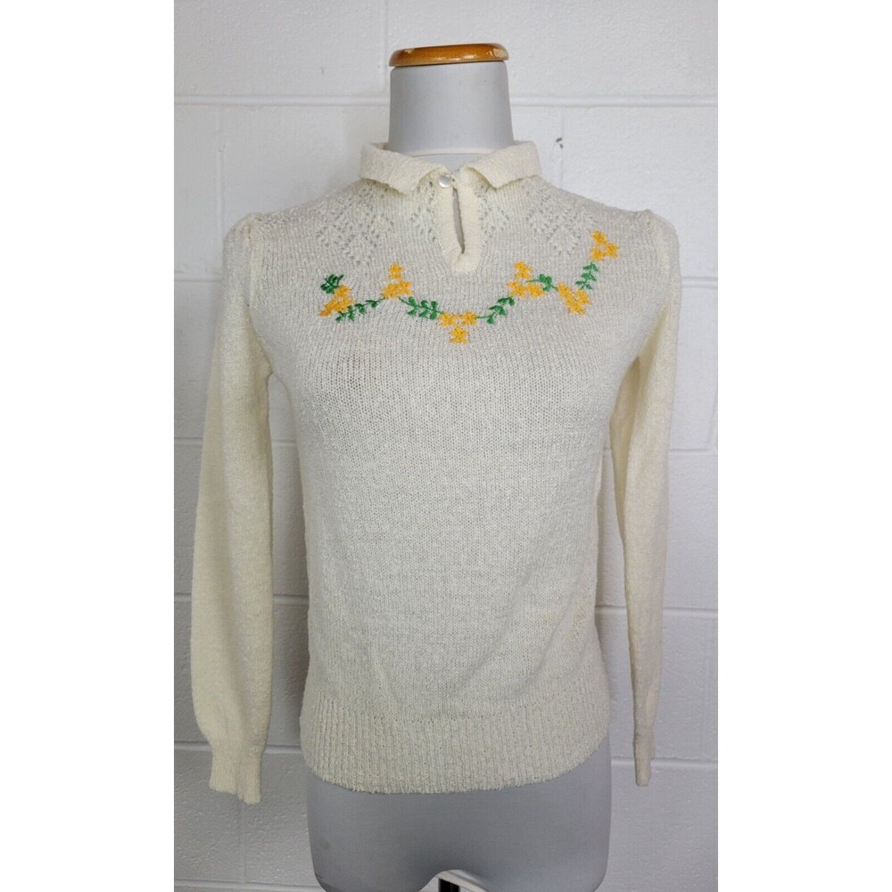 Vintage 1970s Donnkenny Womens Cream Pointelle Knit Sweater w.‎ Flowers M
